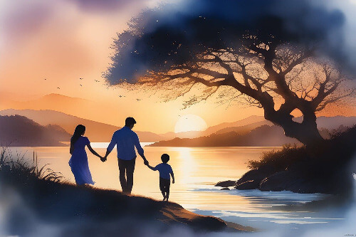Ai genrated family walking in the sunset.