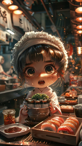 Animated tearful girl working. 