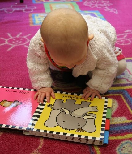 Baby looking at a picture book.