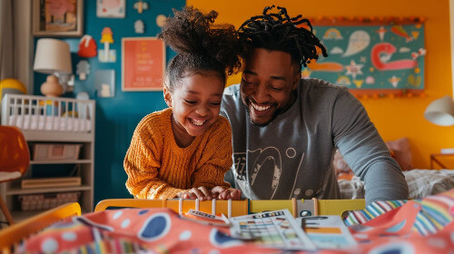 Dad and child happily reading
