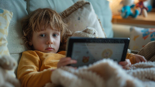 Boy lying in bed on screen.