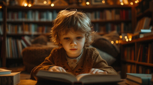 Boy reading in the library.