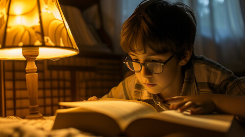 Boy reading in his room.