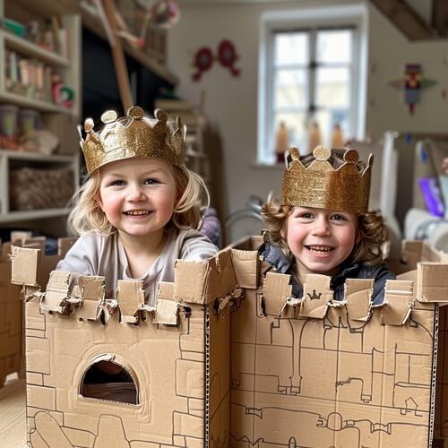 Cardboard castle with kids in it. 