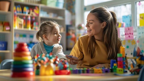 Child and adult playing with educational toys.