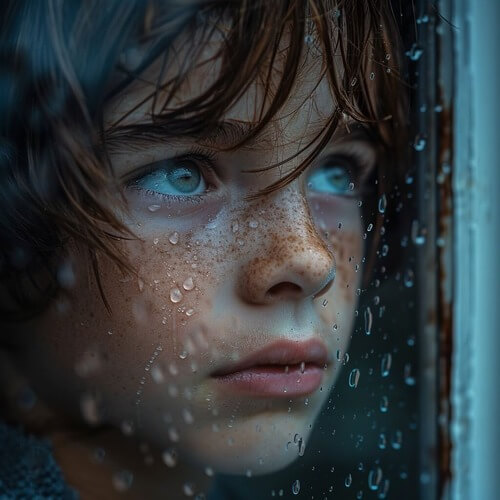 Child looking saddly out window.