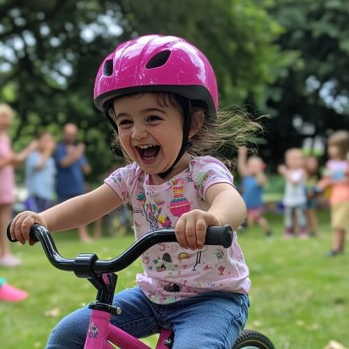 Child on bike laughing.