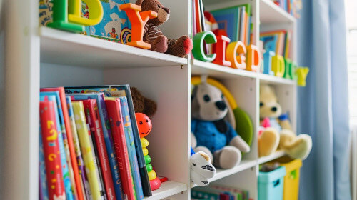 coulorful shelving.