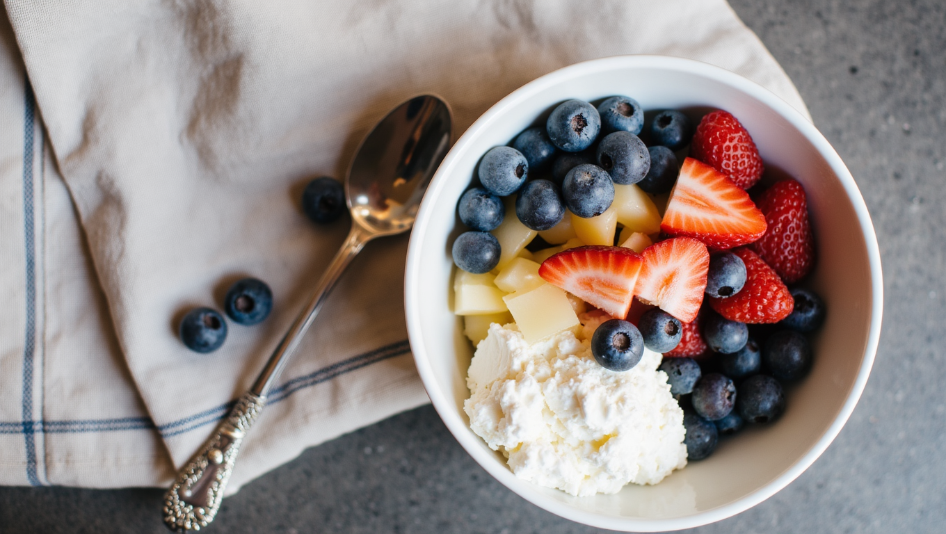 Cottage Cheese in a bowl of Fruit Cottage Cheese in a bowl of Fruit