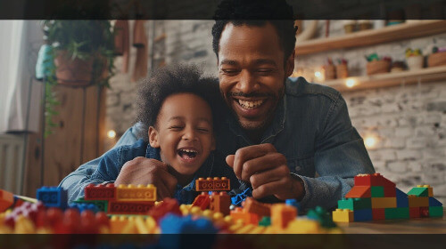 Dad playing makebelieve with son. 