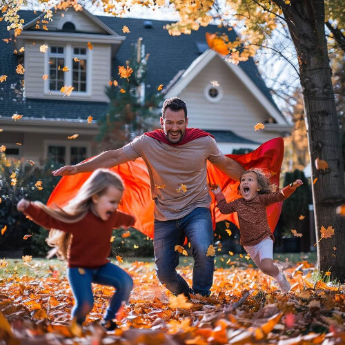 Dad playing superhero with kids.