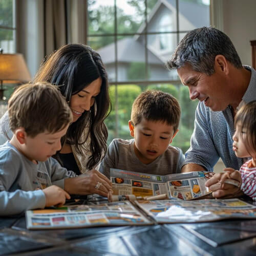 Family reading pamphlets.