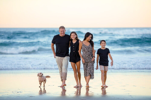 Family walking on the beach. 