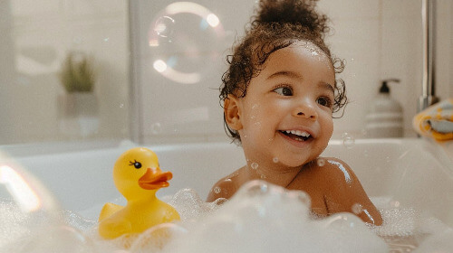 little girl in bubble bath
