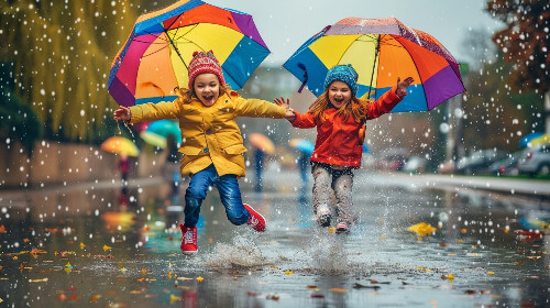 Girls jumping in rain puddles.