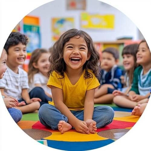 joyfulpreschooler sitting on the floor.