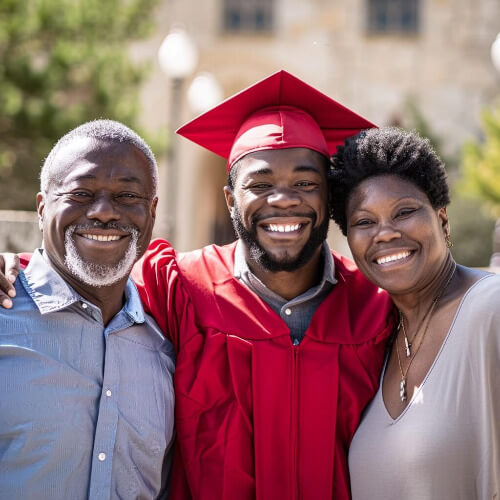 man graduating and smiling with parents. 