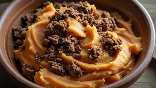 Toddler Meal Ideas - mashed sweet potato and turkey bowl