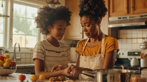 Mom and daughter cooking.
