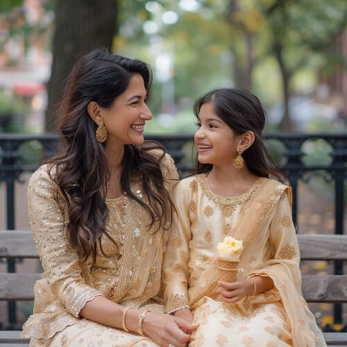 Mom and daughter sitting on a bench laughing. 