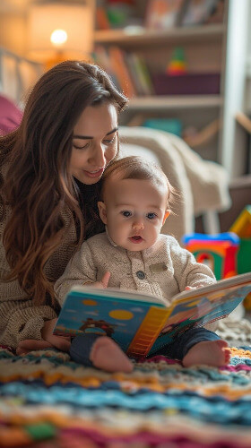 Mom reading to her baby.