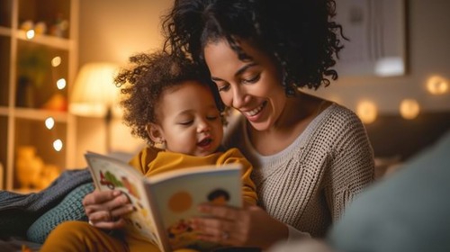 Mom reading to her child.
