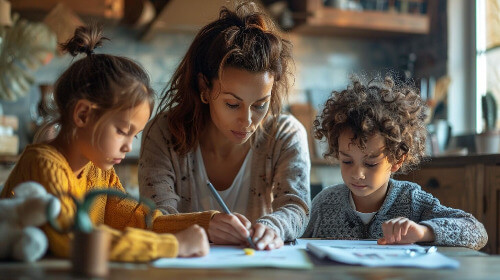 Ai generated mom teaching boys.