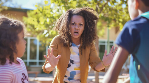 Mom upset with boys whiile outdoors.