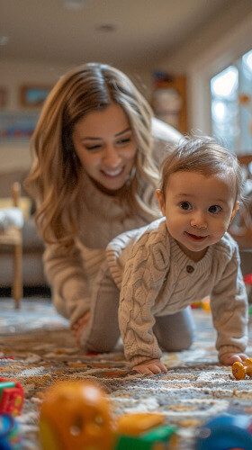 Mom with crawling baby. Mom with crawling baby.