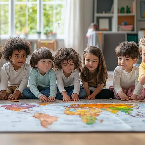 Children learning the map at Montessori School