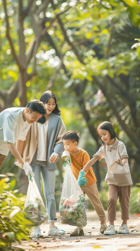 Parents picking up litter with kids.