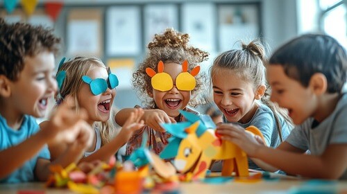 Preschoolers laughing while doing crafts. 