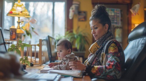 Single mom working with child on knee