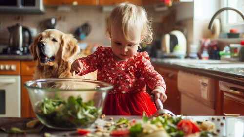 Toddler helping prepare salad.