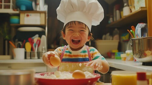 Toddler pretend cooking.