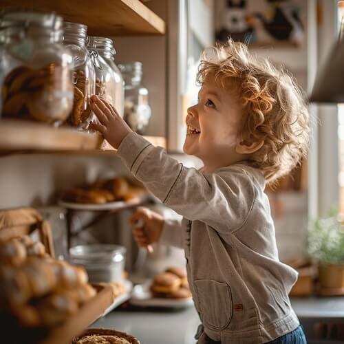 Toddler reaching for jar.
