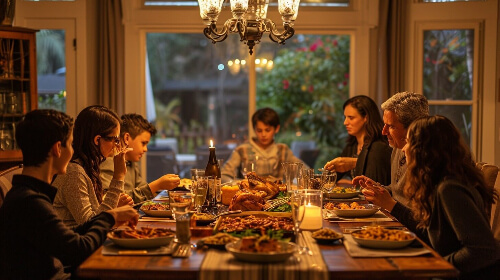 Blended family eating dinner.