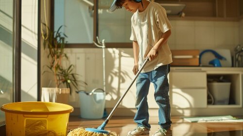 Boy mopping the floor.