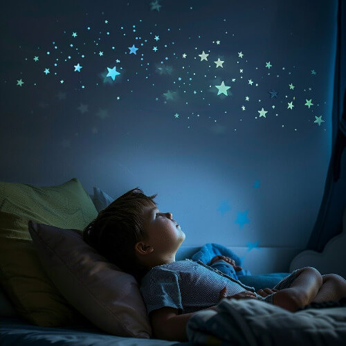 Boy looking up at ceiling, not sleeping.