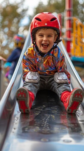 Boy coming down slide.
