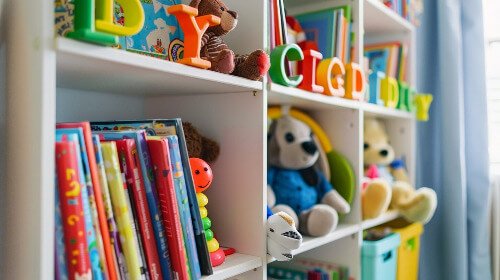 coulorful shelving.