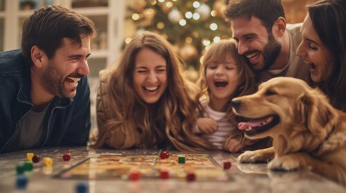 Family of five and dog playing board games.  Family of five and dog playing board games.