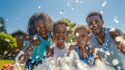 Family playing in water.