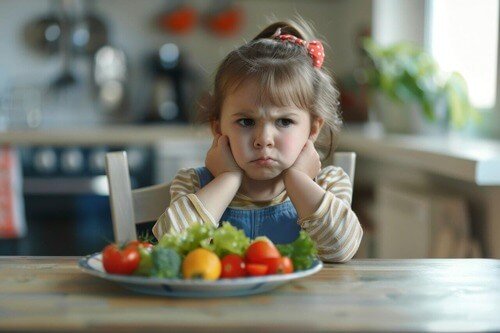 Girl potting and angry, doesn't want to eat vegies. 