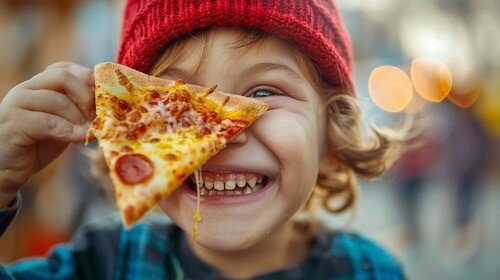Young boy eating pizza