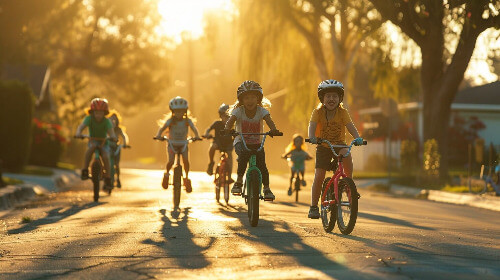 Kids riding their bikes.