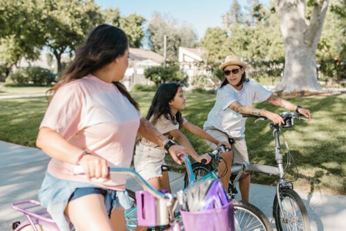 Moms and child on their bikes.