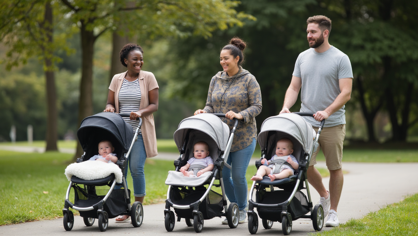 Parents pushing strollers