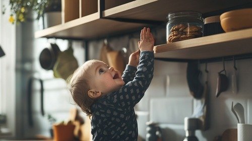 Toddler reaching for a jar of cookies.