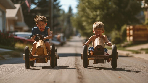 Boys riding tiny cars.